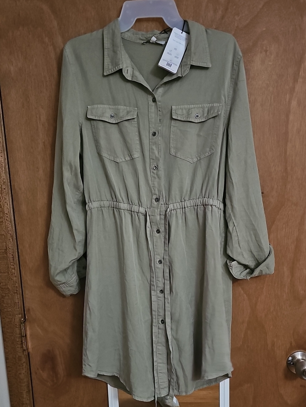 Love Tree Sage Green Button-Front Shirt Dress with Drawstring Waist